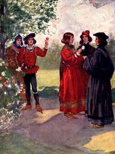 ... Os nobres arrancaram rosas vermelhas ou brancas e as colocaram em seus bonés, século XV, 1905. de A. S. Forrest