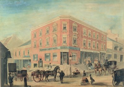Esquina das Ruas George e Hunter, Sydney, 1849 (wc) de A. Torning