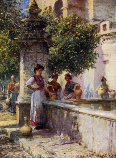 Cordova, Fonte no Patio de los Naranjos (cor litho) de A. Trevor Haddon