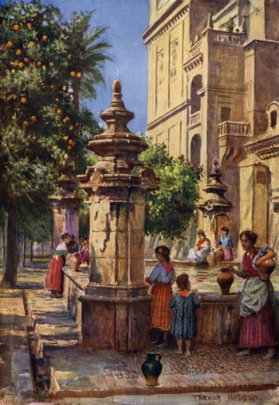 Cordova, Fonte no Patio de los Naranjos (cor litho) de A. Trevor Haddon