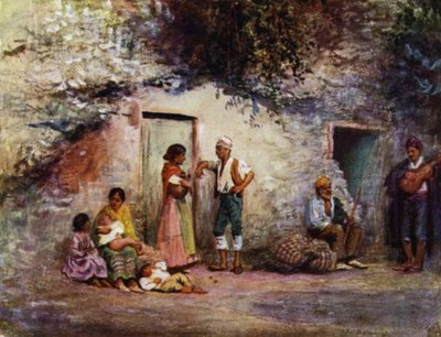 Granada, Ciganos nas Portas das suas Grutas (cor litho) de A. Trevor Haddon