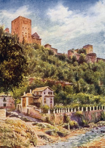 Granada, Villas nas margens do rio Darro (cor litho) de A. Trevor Haddon