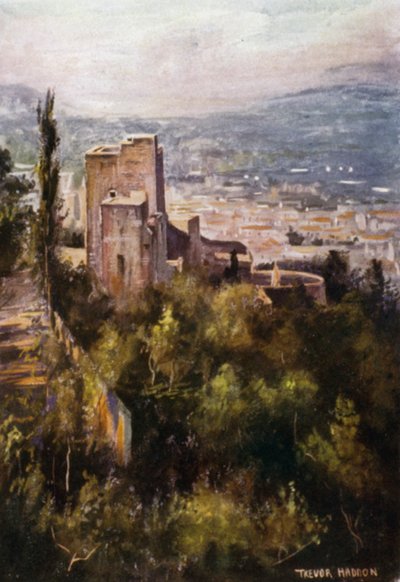 The Alhambra, The Vermillion Towers from the Ramparts (cor litho) de A. Trevor Haddon