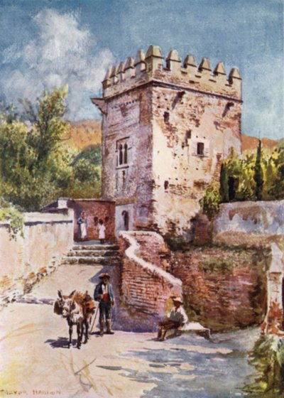 The Alhambra, Torre de Los Picos (colour litho) de A. Trevor Haddon