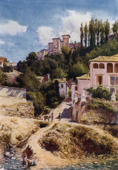 A Alhambra, Torre de las Damas do Rio Darro (cor litho) de A. Trevor Haddon
