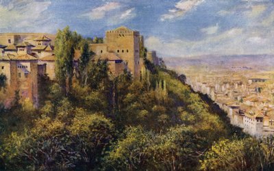 Vista de Granada e da Alhambra (cor litho) de A. Trevor Haddon