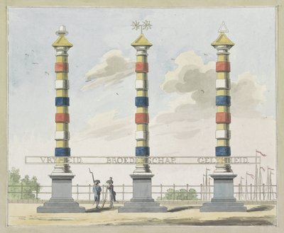 Liberdade, Fraternidade e Igualdade, decoração no Hogesluis, 1795 Dez placas das decorações no Alliantiefest em Amsterdã em 1795 de A. Verkerk