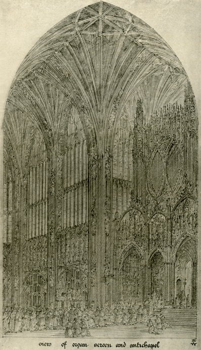 Desenho arquitetônico: vista da tela do órgão e antichapel, 1833-1834, 1906. de A. W. N. Pugin