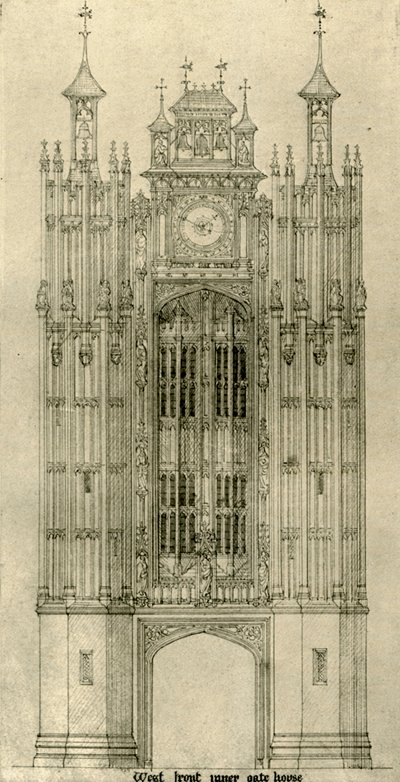 Desenho arquitetônico: casa do portão interno da frente oeste, 1833-1834, 1906. de A. W. N. Pugin