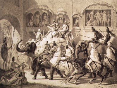 Uma rua em Lahore, de Voyage in India, gravada por Louis Henri de Rudder (1807-81) 1842 (litografia tingida) de A. after Soltykoff