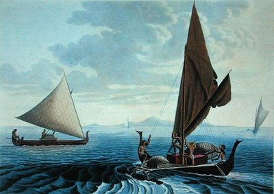 Vista da Ilha de Tiniano: Dugout Canoes from the Caroline Islands, de 
