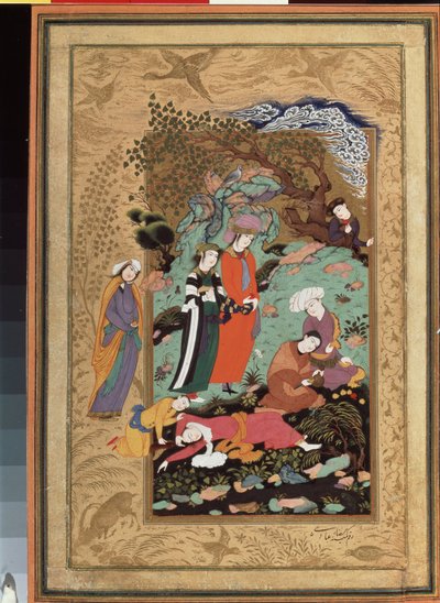 Arte persa: cena de festa da nobreza, um dos convidados está deitado bêbado e inconsciente. Miniatura em guache e ouro de Riza Abbasi (Aqa Reza Reza-e 