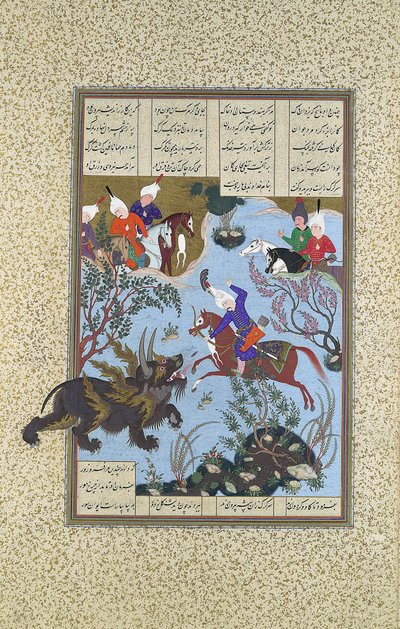 Bahram Gur mata o rinoceronte-lobo, fólio 586r do Shahnama Book of Kings..., ca. 1530-35. de 