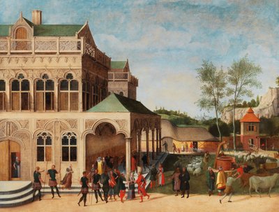 Uma elegante loggia com a Proposta de Isaac a Rebeca, 1616. de Abel Grimmer