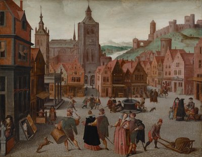 O mercado de Bergen op Zoom, provavelmente 1590 e 1597 (óleo sobre painel) de Abel Grimmer