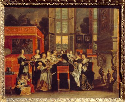 Conversa de senhoras na ausência dos seus maridos: Jantar Pintura de Abraham Bosse (1602-1676) Egouen do século XVII. Museu Nacional Renascentista de Abraham (after) Bosse