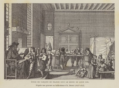 A escola dos meninos franceses durante o reinado de Luís XIII (litho) de Abraham (after) Bosse