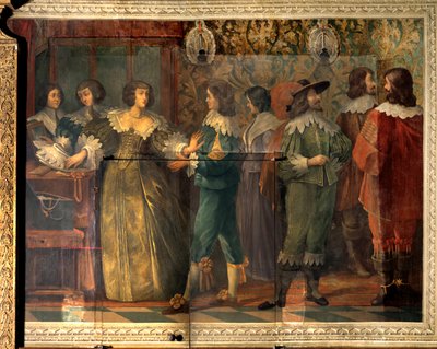 Cena da vida de Charles de Valois (1573-1650), Duque de Angouleme - Cena de festa dada por ocasião do casamento de Charles de Valois com sua segunda esposa em 1644 - Uma mulher, abordada por um cortesão, apreende para colocar sua coleira - Fresco por Abrah de Abraham (after) Bosse
