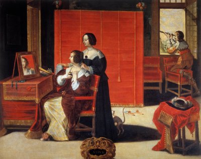 Os Cinco Sentidos: A Vista Uma jovem mulher em frente ao seu espelho enquanto um homem usa uma luneta astronómica. Pintura de Abraham Bosse (1602-1676). Século XVII. Tours, Museu de Belas Artes de Abraham (after) Bosse