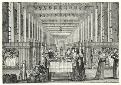 A enfermaria do Hopital de la Charite de Paris (gravura) de Abraham (after) Bosse