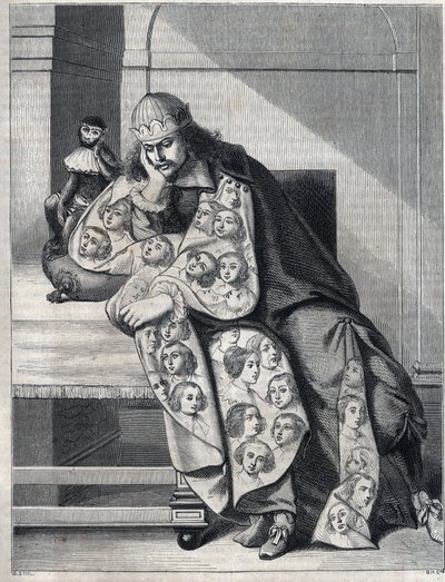 O homem cheio de malícia: um homem com uma capa dupla de cabeça de mulher medita com um macaco ao seu lado. Reprodução de uma estampa de Abraham Bosse (1604-1676). de Abraham (after) Bosse