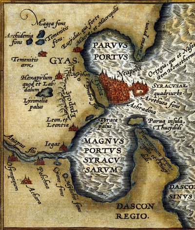 O antigo porto de Siracusa na Sicília após o "Atlas" de Abrahm Ortelius de Abraham (after) Ortelius