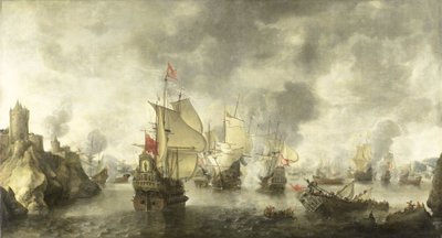 Batalha da frota combinada veneziana e holandesa contra os turcos na Baía de Foya, 1649 de Abraham Beerstraten