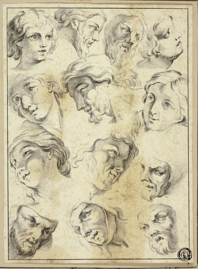 13 esboços de vários rostos de Abraham Bloemaert
