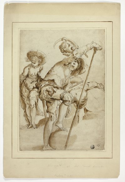 Um soldado de pé, uma mulher de pé e um baterista inclinado de Abraham Bloemaert