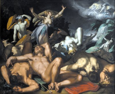 Dinamarquês: Apolo e Diana castigam Niobe matando os seus filhos Apolo e Diana castigam Niobe matando os seus filhos de Abraham Bloemaert