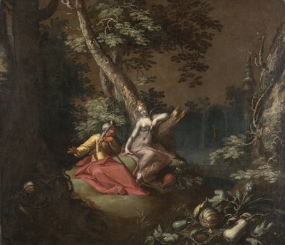Paisagem com Vertumnus e Pomona, c.1595-1600 (óleo sobre tela montado a bordo) de Abraham Bloemaert