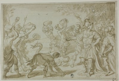 Soldados romanos apedrejando uma serpente de Abraham Bloemaert