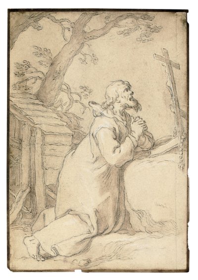 São Paulo de Phermae ajoelhado em oração diante de um crucifixo (giz preto, caneta e tinta marrom, lavagem marrom) de Abraham Bloemaert