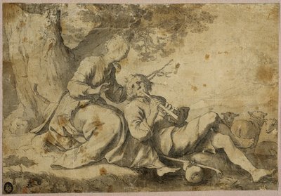 Pastor e pastora a descansar sob uma velha árvore de Abraham Bloemaert