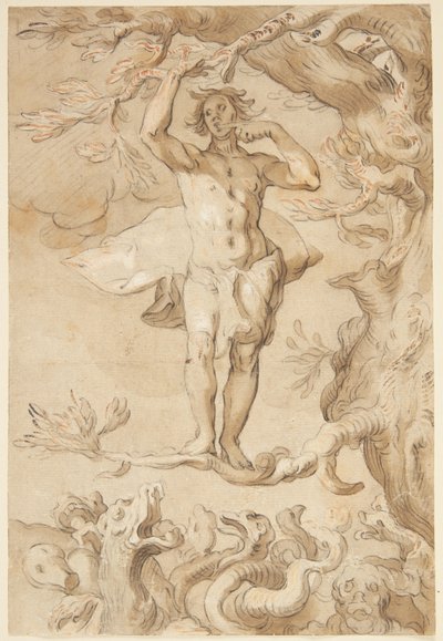 A Fragilidade da Felicidade Humana. Um homem perseguido por um dragão se agarra a uma árvore, lambendo mel de seus dedos de Abraham Bloemaert