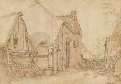 Vista de um pátio de quinta (recto); Estudo de uma árvore (verso) de Abraham Bloemaert