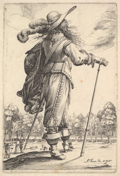 Um cavalheiro, visto por trás, caminhando para a direita com uma bengala e vestindo uma plumagem ..., 1629. de Abraham Bosse