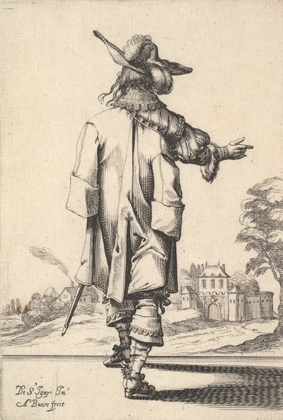Um senhor, visto por trás, com o braço direito estendido e um manto sobre o esquerdo..., 1629. de Abraham Bosse