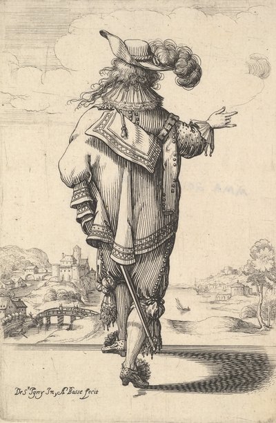 Um cavalheiro de chapéu emplumado e carregando uma espada, vista de trás, com o braço direito estendido ..., 1629. de Abraham Bosse