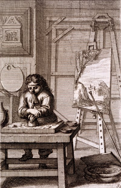 Um Aprendiz de Artista Limpando uma Placa de Gravura, de &39;Recueil de Figures ...&39;, 1737 de Abraham Bosse