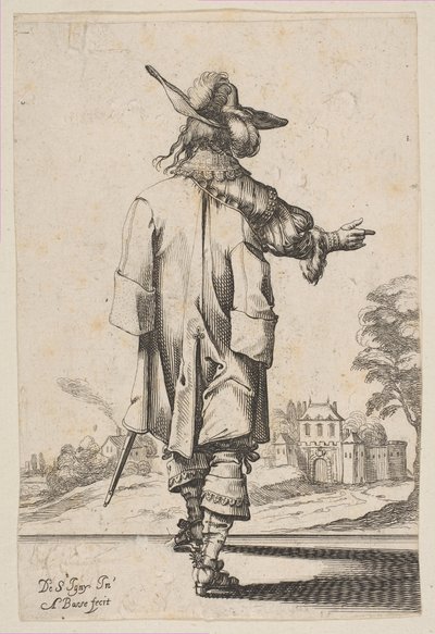 Cavalheiro visto de trás, apontando para um castelo, 1629. de Abraham Bosse