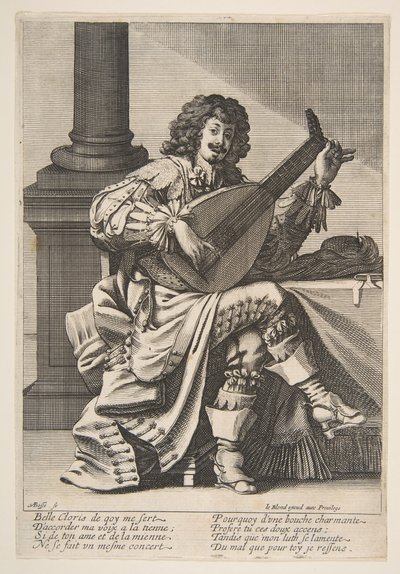 Homem cantando e tocando alaúde, em meados do século XVII. de Abraham Bosse