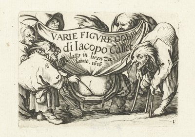 Página de título da série de impressão "Vários anões"/"Variie figure gobbi di Jacopo Callot
Variie figure gobbi di Jacopo Callot (título da série sobre o objecto)
Várias figuras grotescas (título da série)
Anões e corcundas (título da série) de Abraham Bosse
