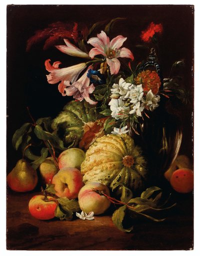 Lírios e outras flores num vaso de vidro com pêssegos e melões de Abraham Brueghel