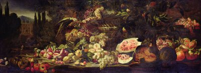 Natureza morta de fruta com um papagaio verde e um vaso de prata de Abraham Brueghel