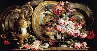 Natureza morta com prata e flores, de Abraham Brueghel (1631-1697), óleo sobre painel de Abraham Brueghel