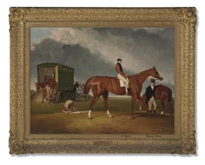 Retrato, de, senhor, george, bentincks cavalo, elis, com, cavaleiro, dia john, e, treinador, john, Doe, Doncaster, 1836 de Abraham Cooper
