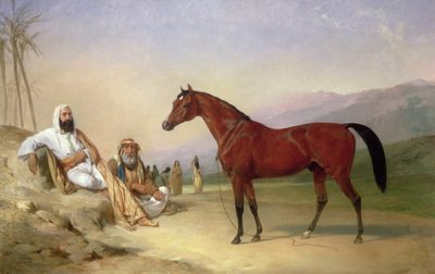 Dois Beduínos com um Garanhão Árabe da Baía no Deserto de Abraham Cooper