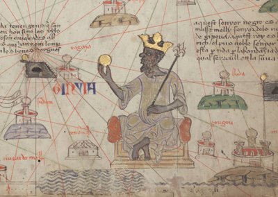 Detalhe do Atlas Catalão, folha 6, mostrando Mansa Musa entronizado, 1375 de Abraham Cresques