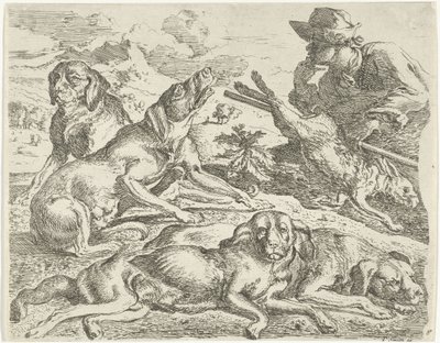 Quatro cães, um caçador e uma lebre de Abraham Danielsz. Hondius